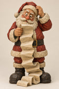 Santa reading a never-ending Christmas list caricature carving
