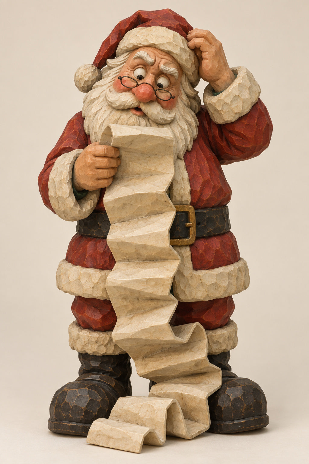 Santa reading a never-ending Christmas list caricature carving
