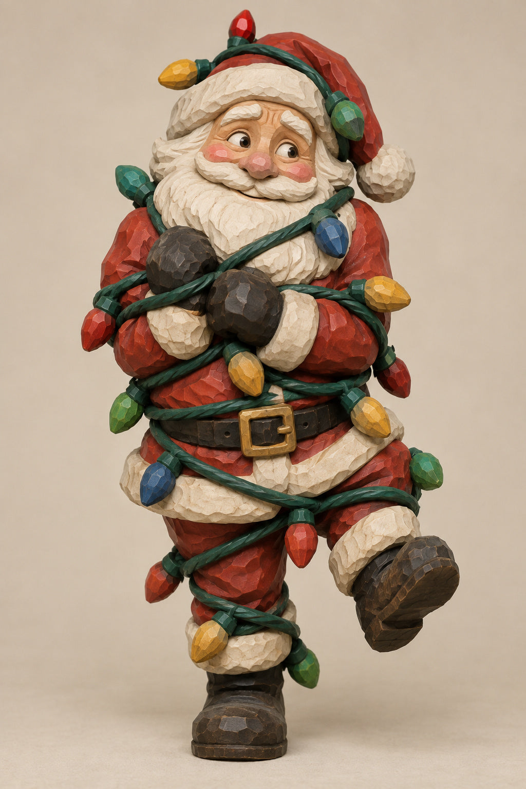 Santa tangled in Christmas lights caricature carving