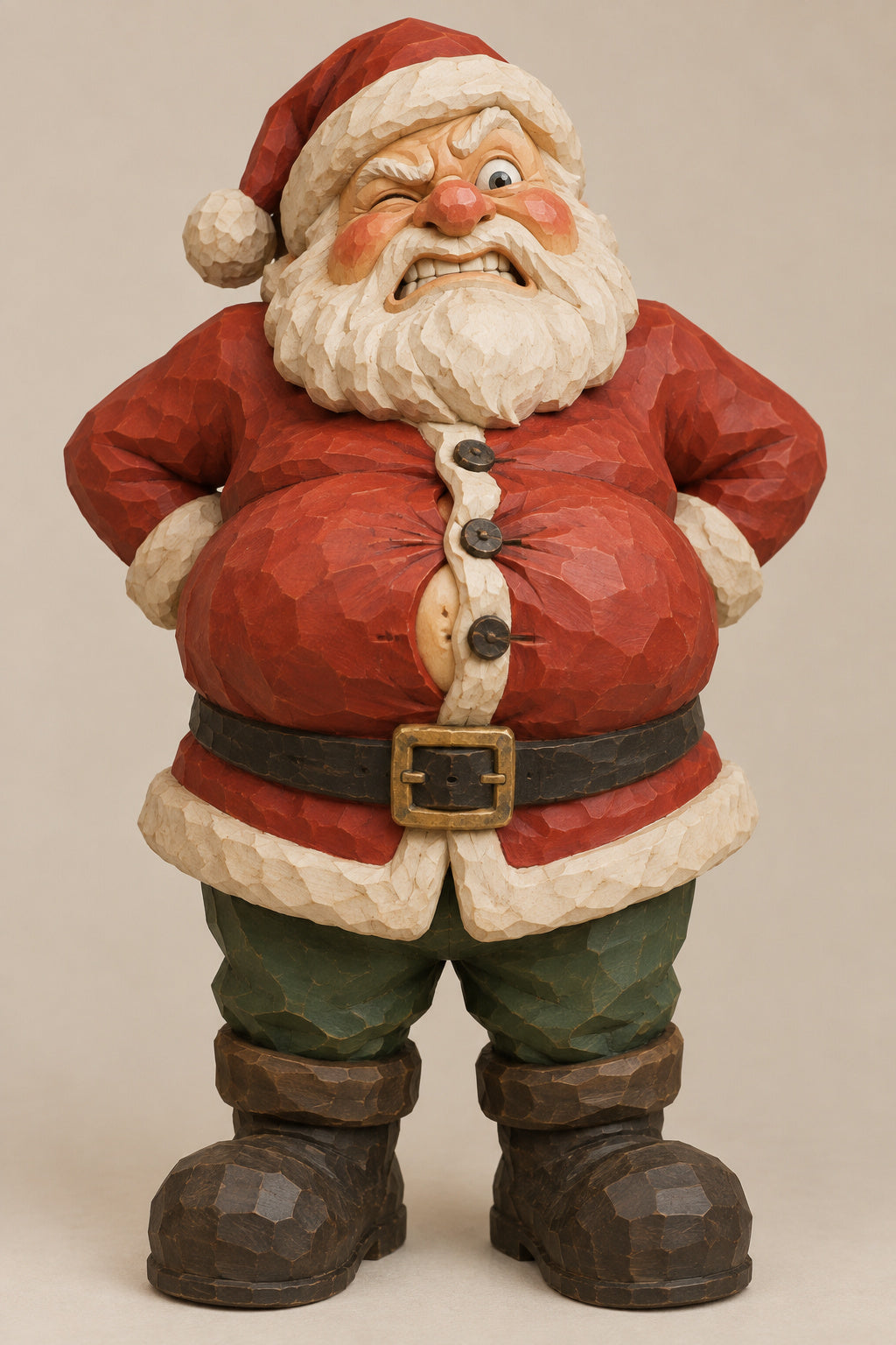 Santa in a too-tight suit caricature carving