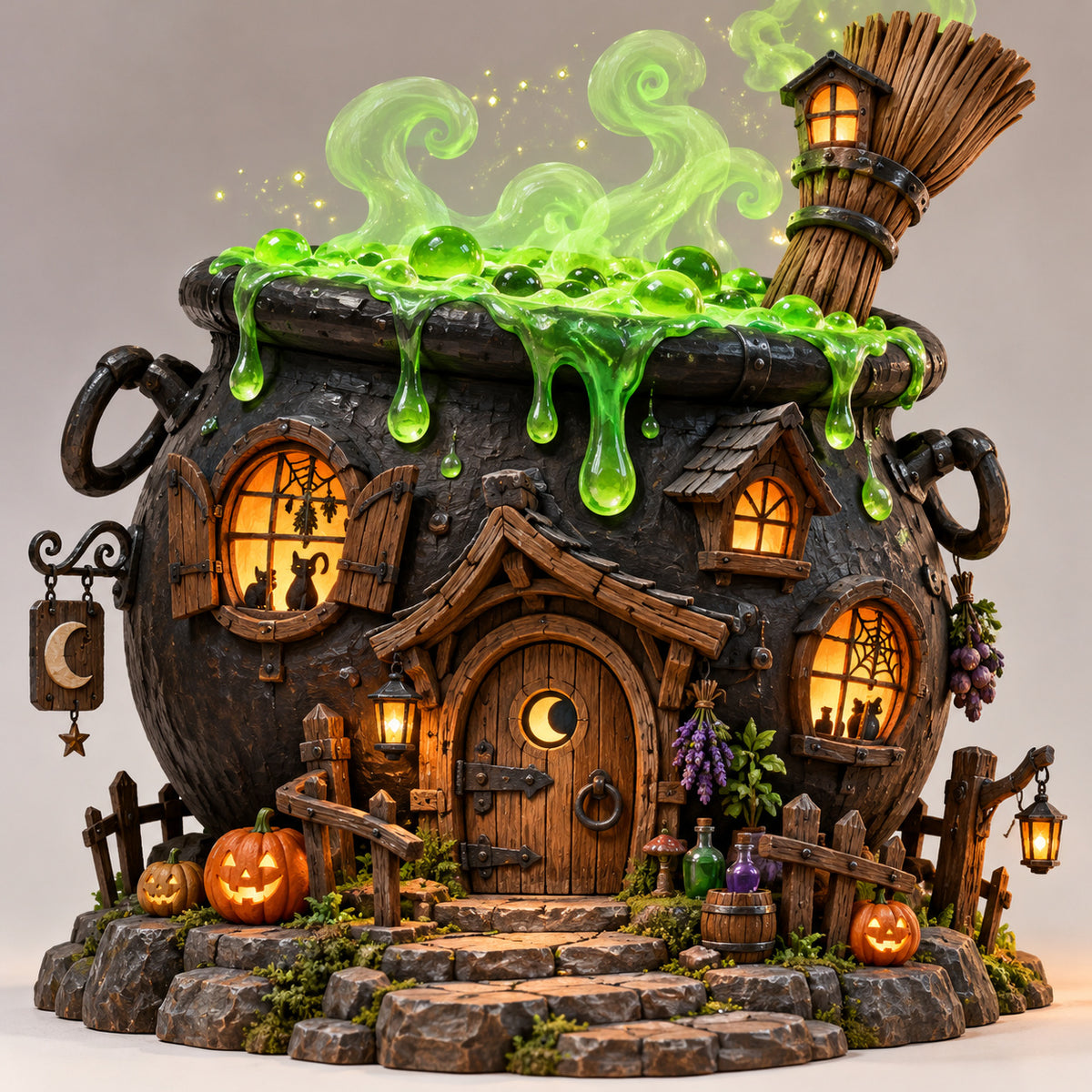 Witch Cauldron House carving with green bubbling potion, glowing windows, broom and pumpkins